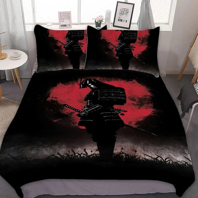 Flylo Bettwäscheset Japanisches Samurai Design mit Sonnenuntergang und Gebäudesilhouette, Schwarz Rot, B/H: 135 x 200 cm - Bild 1