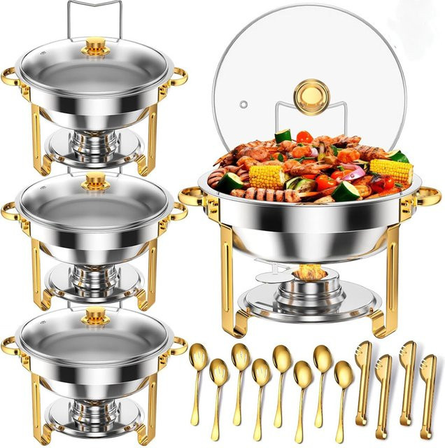 HiMISS Chafing Dish Buffet-Set aus Edelstahl mit Glasdeckel und Goldrand, 2/4er-Pack, Silber/Gold, 5L pro Behälter - Bild 1