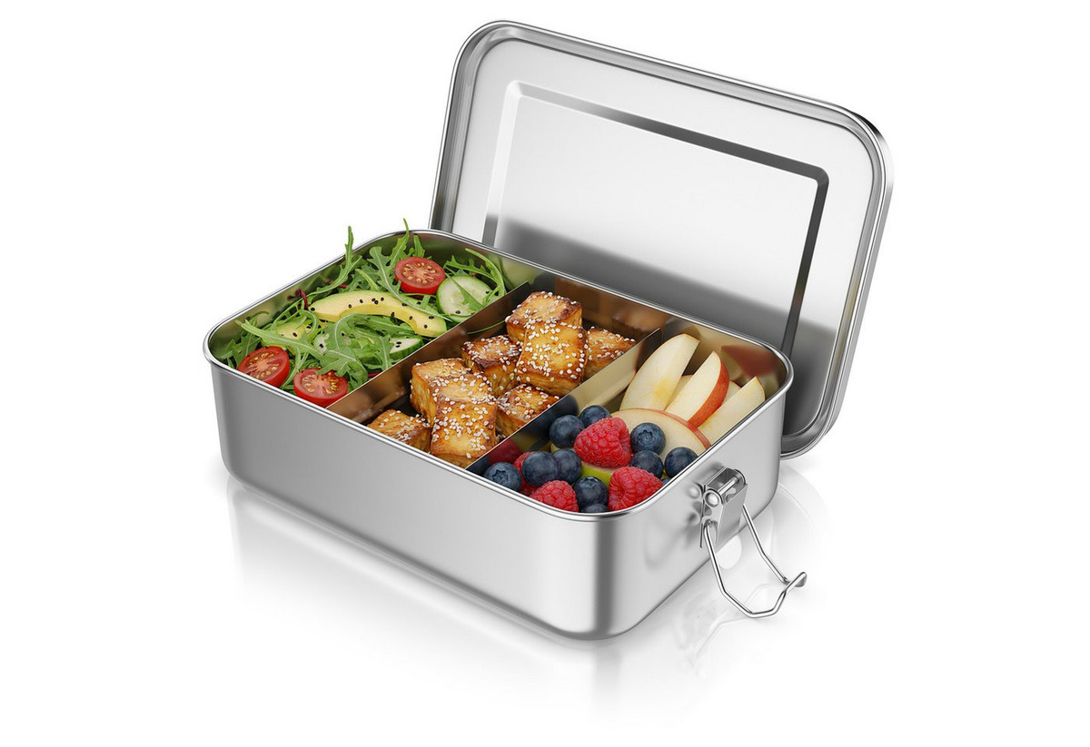 Arendo Edelstahl Lunchbox Brotdose mit Fächern, 1400 ml, auslaufsicher und lebensmittelecht - Bild 1