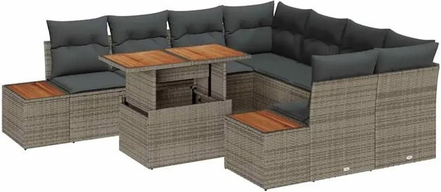vidaXL 9-teiliges Garten-Sofaset aus Poly-Rattan und Stahl mit Kissen in Grau - Bild 1
