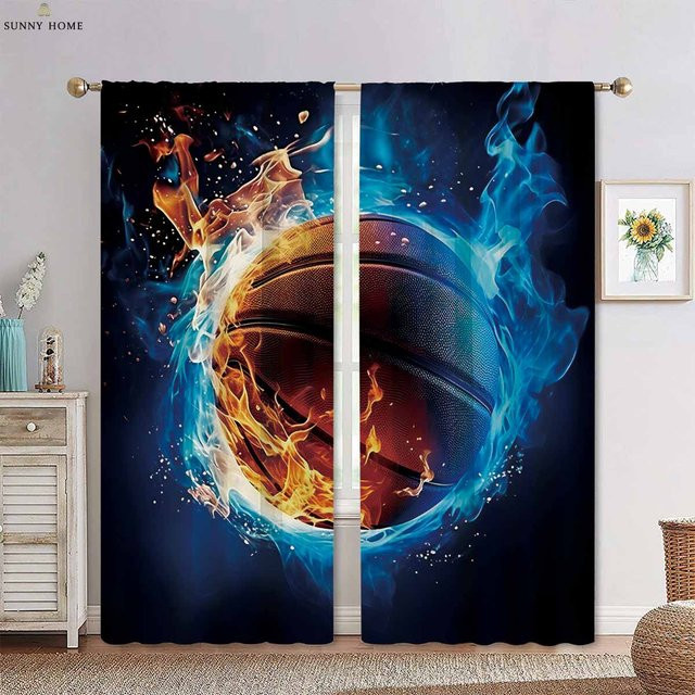 Yiran Furniture Dekorative Vorhänge mit Wasser Feuer Basketball 3D-Print, Blau, 2 Stück, B: 50 cm, H: 140 cm - Bild 1