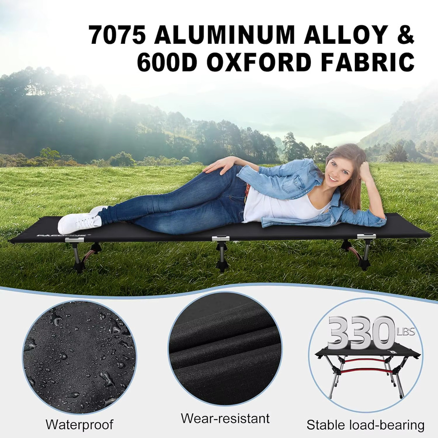 Klappbares Campingbett für Erwachsene von AZULBLANCO in Schwarz mit Metallrahmen und Outdoor-Stoff - Bild 3
