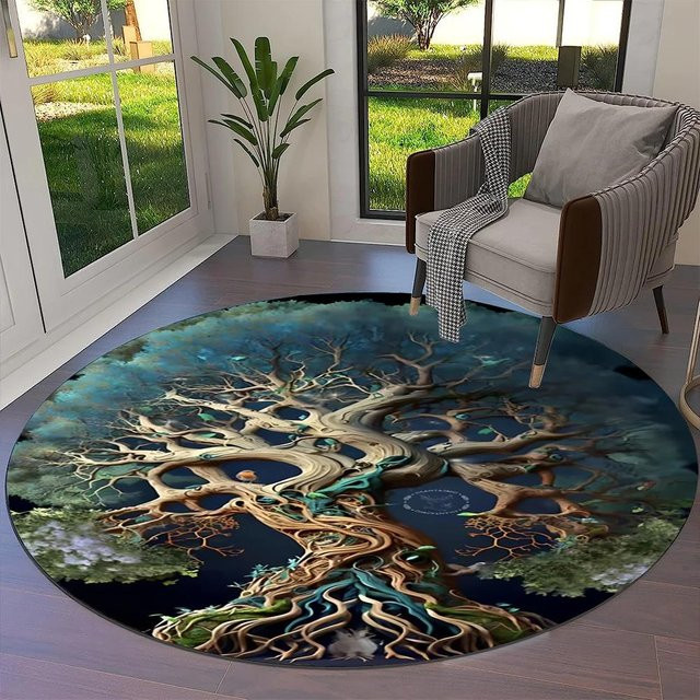Runder Teppich Lebensbaum Wikinger Yggdrasil Valknut in Multicolour, rutschfest und waschbar, Durchmesser: 60 cm - Bild 1