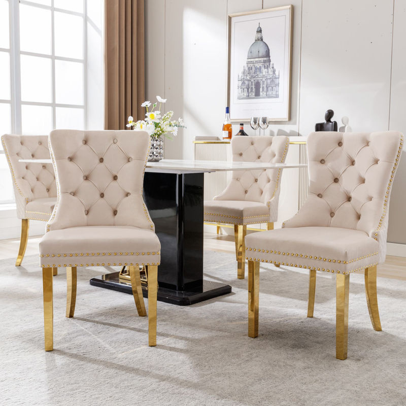 Aosom Esszimmerstühle Set aus 4 Polsterstühlen aus Samt in Beige mit Nagelkopf-Dekor und runden Zugringen, B/T/H: 51 x 65,5 x 95 cm - Bild 2