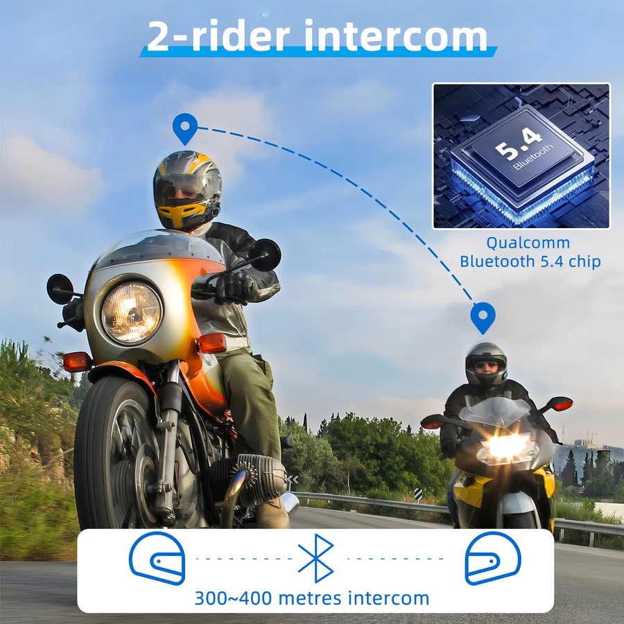 WAYXIN T2 Motorradhelm-Headset für 2 Fahrer mit 300m Intercom-Reichweite, wasserdichtes Bluetooth 5.4 Kommunikationsgerät - Bild 2