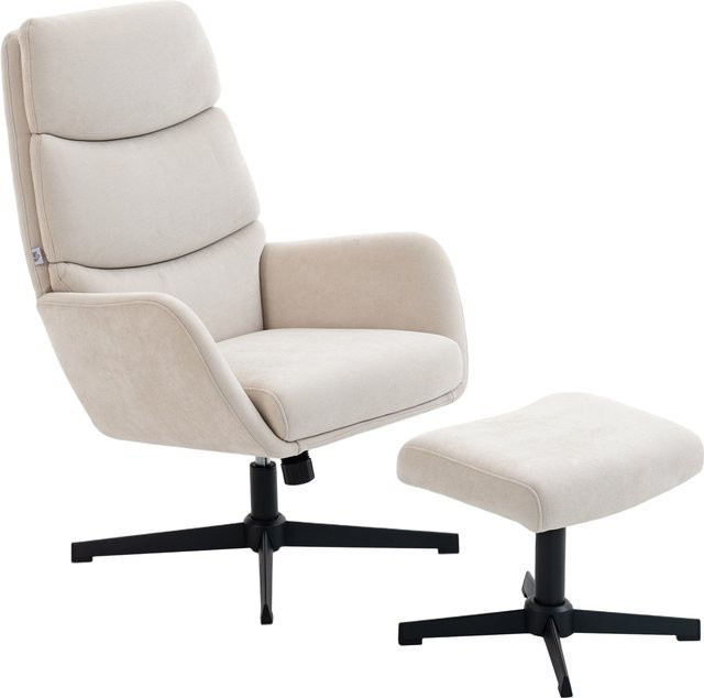 HOMCOM Relaxsessel mit Hocker in Beige, Loungesessel mit Wippfunktion und hoher Rückenlehne in Leinenoptik mit Metallsockel - Bild 1