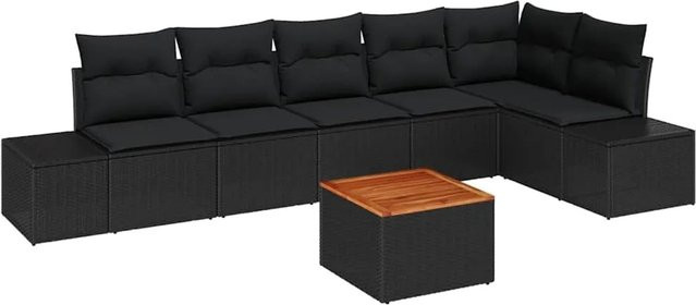vidaXL Garten-Sofa-Set 7-teilig in Schwarz mit Poly-Rattan, pulverbeschichtetem Stahl und Akazienholz inklusive Tisch und Polstern mit Stauraum - Bild 1
