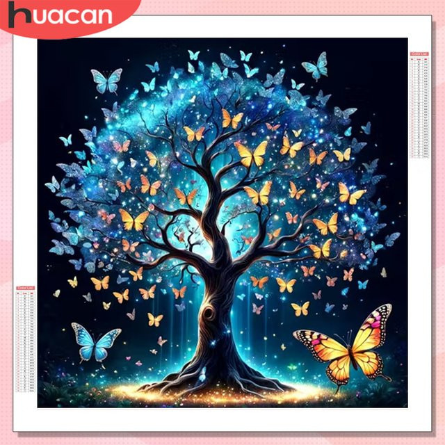 HUACAN Diamantmalerei Set Baum Landschaft mit Schmetterling und Tieren als Mosaik Wanddeko mit runden Steinen, B/H: 20 x 20 cm - Bild 1