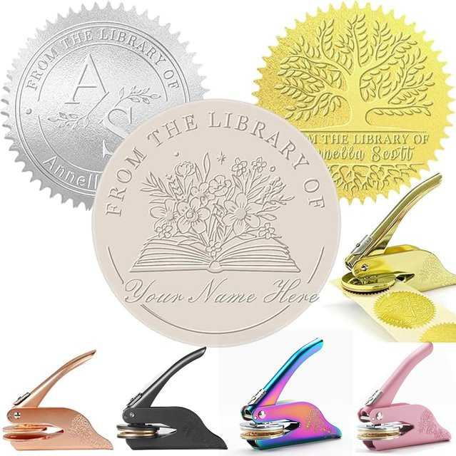 Personalisierter Buch-Embosser mit eigenem Logo als Ex Libris Stempel für deine Bibliothek und Hochzeitseinladungen in Gold und Metall - Bild 1