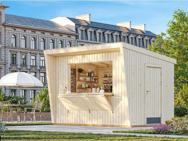 Palmako Marktstand Kira aus Holz in Natur/Unbehandelt mit einer Fläche von 7,7 m², B/H/T: 355 x 264 x 290 cm - Bild 1