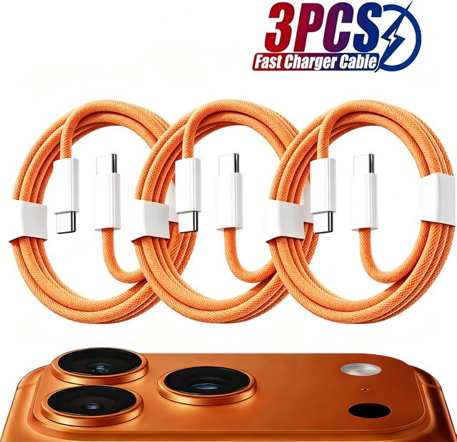 3er-Set Resbyer USB-C auf Typ-C Schnellladekabel 60W, geflochtenes Datenkabel in Orange/Multicolour für iPhone, Huawei, Xiaomi und Samsung - Bild 1