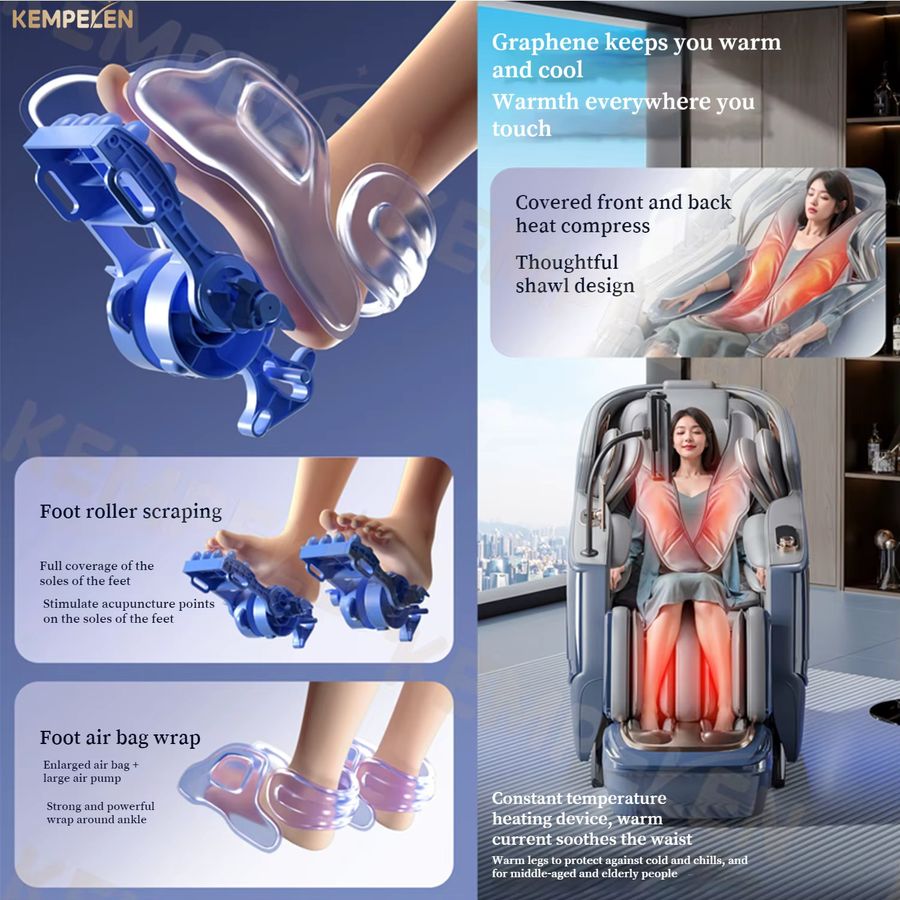 KEMPELEN Massagesessel in Blau mit Dual-Core 6D Massage, 6-Hand Synchronisierte Therapie, 152cm SL-Schiene, Graphen-Heizung und Null-Schwerkraft-Funktion - Bild 5