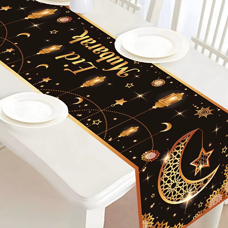 VIKAMA Tischläufer Schwarz-Gold mit Glitzer-Effekt für Eid Mubarak und festliche Anlässe, Material: Leinen, Breite: 33 cm, Länge: 90 cm - Bild 3