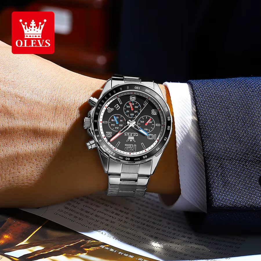 Olevs Chronograph, Quarz, Edelstahl, 42 mm, Herren, Schwarz - Bild 4