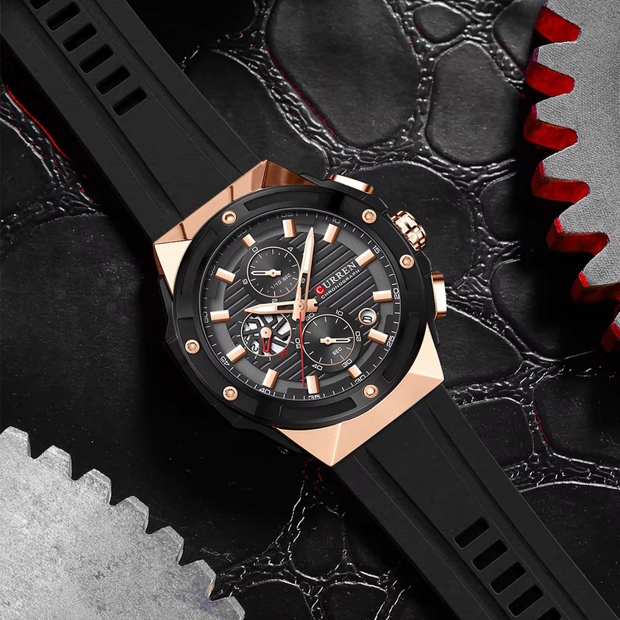CURREN Chronograph Armbanduhr, Quarz, Edelstahl, Silikon, Schwarz, Herren - Bild 5