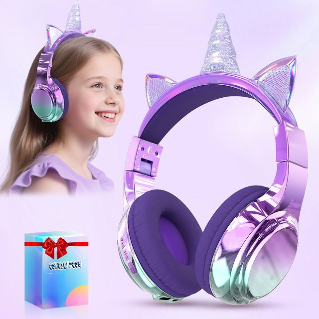 QearFun Einhorn-Bluetooth-Kopfhörer für Kinder und Mädchen in Lila, faltbares Katzenohr-Headset - Bild 1
