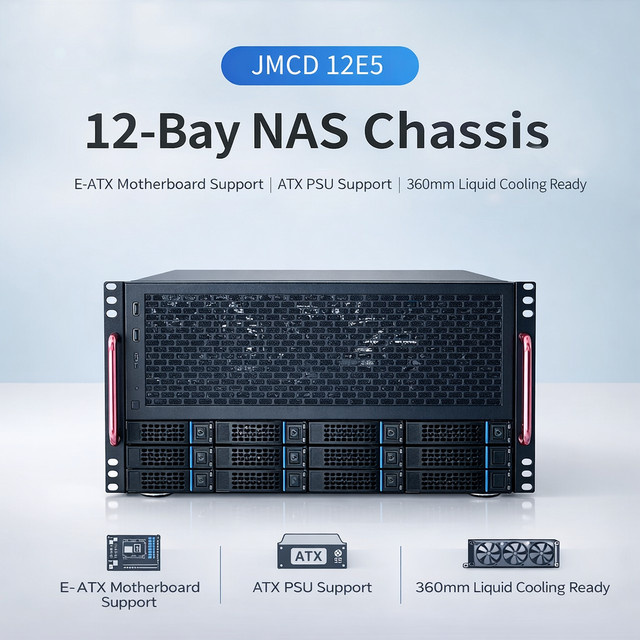 VBNM 6U Rackmount NAS-Gehäuse in Schwarz mit 12 Einschüben, EATX-Mainboard-Unterstützung, 8 PCIe-Steckplätzen und Unterstützung für 360mm Flüssigkühlung - Bild 1