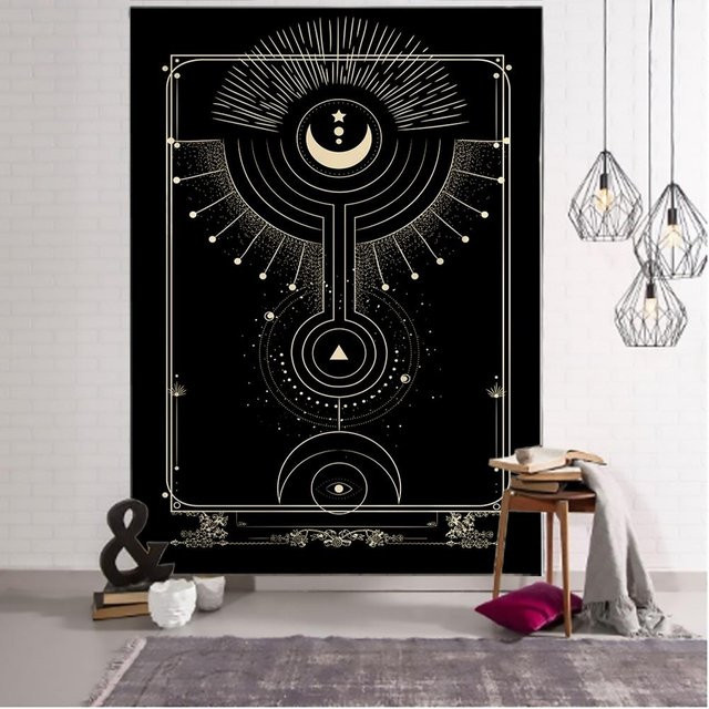 Hexerei Tarot Wandteppich von Super Six mit Sonne, Mond und Sternen in Schwarz und Weiß, B/H: 95 x 70 cm - Bild 1