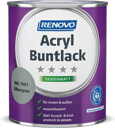 RENOVO Acryl-Buntlack für Holz, silbergrau RAL 7001, seidenmatt, wasserbasiert, 0,75 l - Bild 1