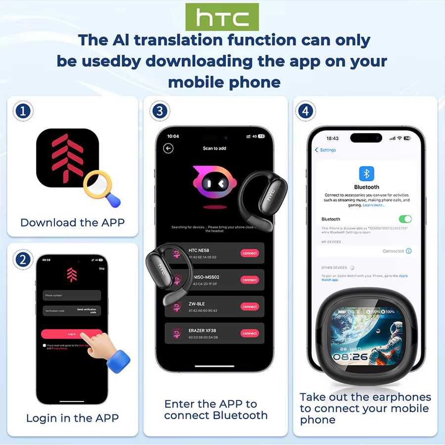 HTC NE58 Kabellose Bluetooth In-Ear Kopfhörer mit LED-Touchscreen, KI-Übersetzung und Knochenleitungs-Technologie in Schwarz oder Pink - Bild 3