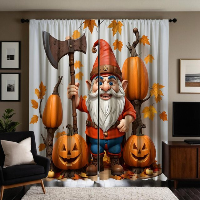 2er-Set dekorative Thanksgiving Vorhänge mit Kürbis- und Motivdruck, Weiß/Mehrfarbig, B: 132 cm, H: 160 cm - Bild 1