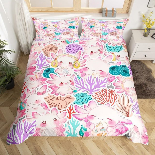 Axolotl Bettwäsche Set mit Cartoon Ozean Tierwelt Design für Jungen und Mädchen, 3-teiliges Bettwäsche Set bestehend aus Deckenbezug und Kissenbezug, B/H: 140 x 210 cm - Bild 1