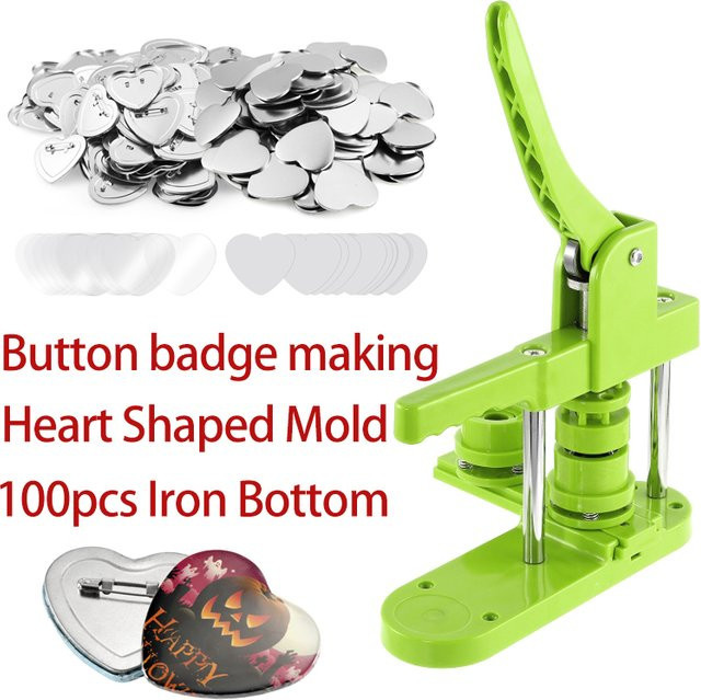 Button Maker Maschine in Herzform mit 100 Sets Knopfteilen für DIY Pin Badges, Slide Rail Press Maker aus Metall, Breite: 57 mm, Höhe: 53 mm - Bild 1