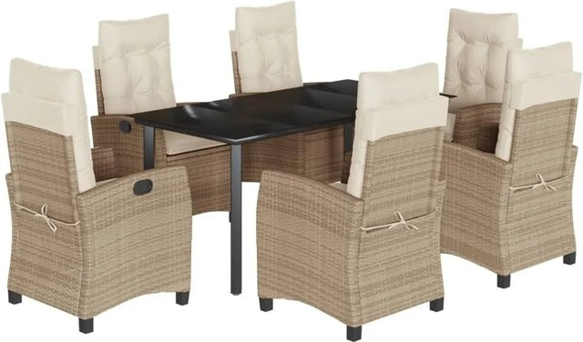 vidaXL 7-teilige Garten-Essgruppe aus Poly Rattan mit Kissen in Beige und Cremeweiß, Tisch mit Glasplatte und pulverbeschichtetem Stahlgestell für Terrasse und Garten - Bild 1