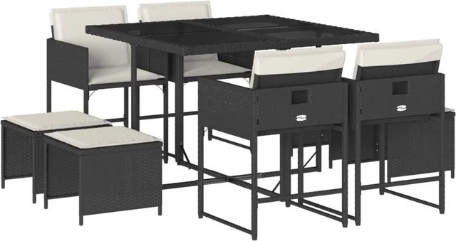 vidaXL 9-tlg Garten-Essgruppe aus Poly-Rattan mit Kissen und Hartglas in Schwarz Modell 73 - Bild 1