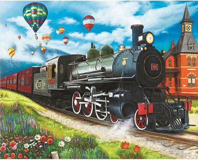 FIYO Diamond Painting Set Zug und Heißluftballon als 5D Diamantgemälde zum Selbermachen, Strassmosaik in Mehrfarbig, B x H: 30 x 40 cm - Bild 1