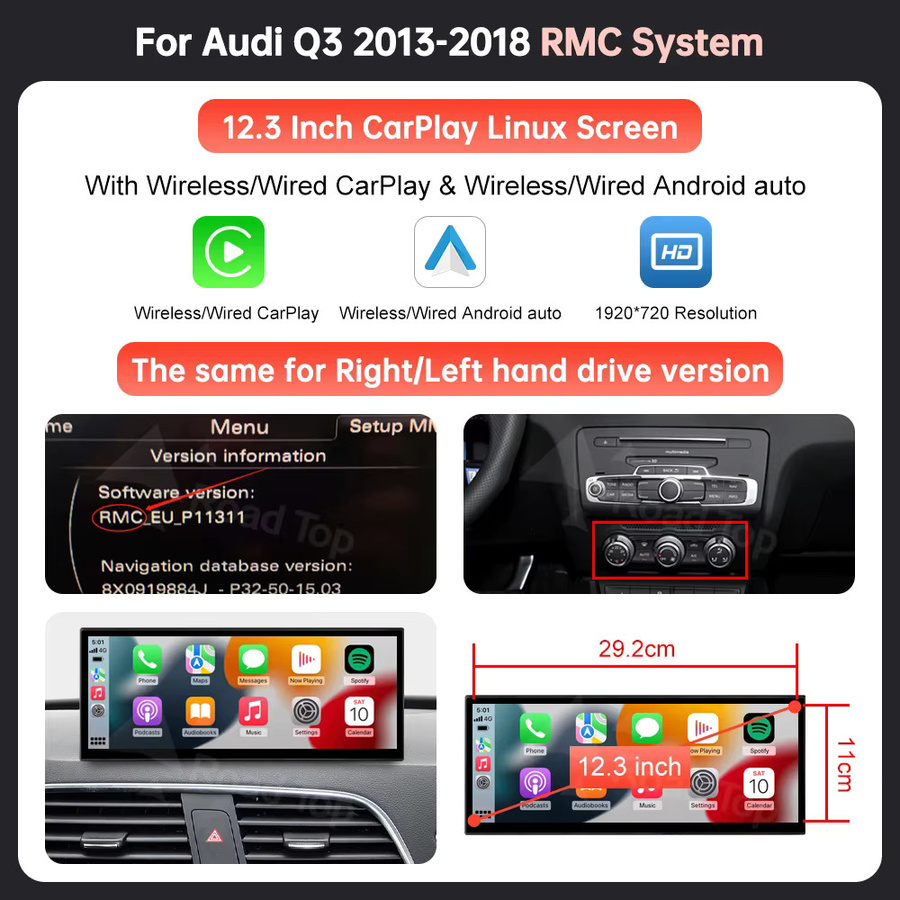 Road Top Linux Multimedia Display für Audi A1 und Q3 (2012-2018) mit 12,3 Zoll Bildschirm, Wireless CarPlay, Android Auto und Airplay, Schwarz - Bild 6