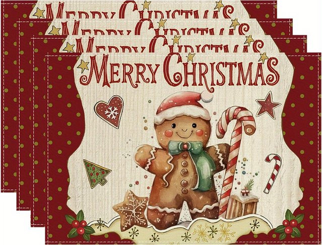 VIKAMA 4-teiliges Weihnachts-Tischset mit Lebkuchenmann Motiv in Multicolor - Bild 1