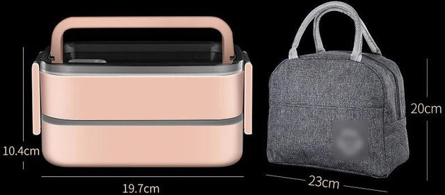 Yiran Furniture Bento Box aus 304 Edelstahl mit Thermotasche und Doppel-Fach, pink, mikrowellengeeignet und auslaufsicher - Bild 1