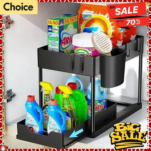 CZSAE 2-stufiger Multifunktions-Organizer für Küchenspüle und Badezimmer, schwarzer Schiebeschrankkorb aus Kunststoff mit Haken, B/T/H: 36,0 x 39,5 x 2,0 cm - Bild 1