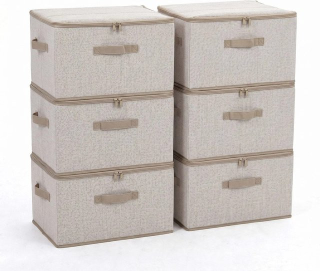 Sekey Aufbewahrungsboxen 6er Set mit Deckel, beige, 45 l, stapelbar und faltbar, Stoffboxen aus Vliesstoff für Kleidung und Regal - Bild 1