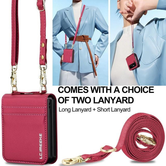 Lederbrieftasche mit langem Lanyard als Crossbody-Tasche und Kartenhülle für Samsung Galaxy Z Flip 3 4 5 6 7 in Pink - Bild 1