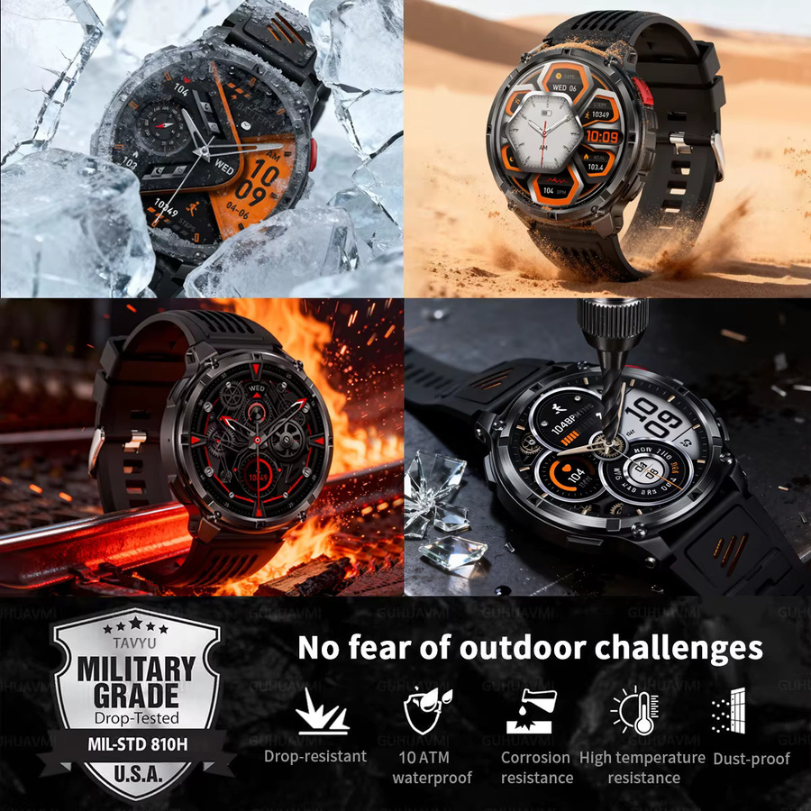 GUHUAVMI T-REX3 Smartwatch mit Bluetooth-Anruffunktion, 10ATM wasserdicht, Kompass, Höhenmesser und Taschenlampe, 1100 mAh Akku, Schwarz oder Blau - Bild 4