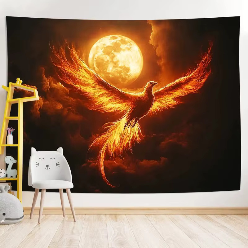 VIKAMA Blaze Phoenix Wandteppich mit Wolkenmustern in Orange im Fantasy-Stil - Bild 3