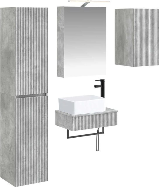 vidaXL Badezimmermöbel-Set 5-teilig in Betongrau mit Waschtischunterschrank, Spiegelschrank und LED-Beleuchtung aus Ingenieurholz und Glas - Bild 1