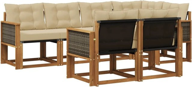 vidaXL Outdoor-Sofagarnitur L-Form aus Akazienholz mit 7 Textilene-Kissen in Natur und Beige - Bild 1
