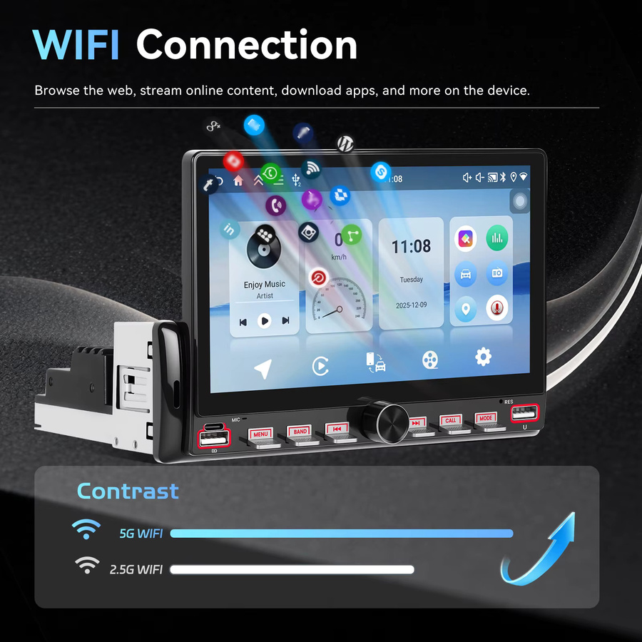 Camecho Android 1 Din Autoradio mit 7 Zoll HD IPS Bildschirm, kabelloses Carplay und Android Auto, GPS, Bluetooth, WIFI und FM/RDS in Schwarz - Bild 3