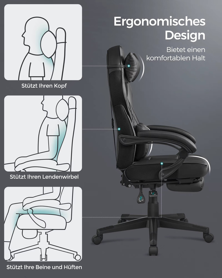 Ergonomischer SONGMICS Gaming-Stuhl aus Kunstleder in Pink-Schwarz mit Kopfstütze und Armlehnen - Bild 4