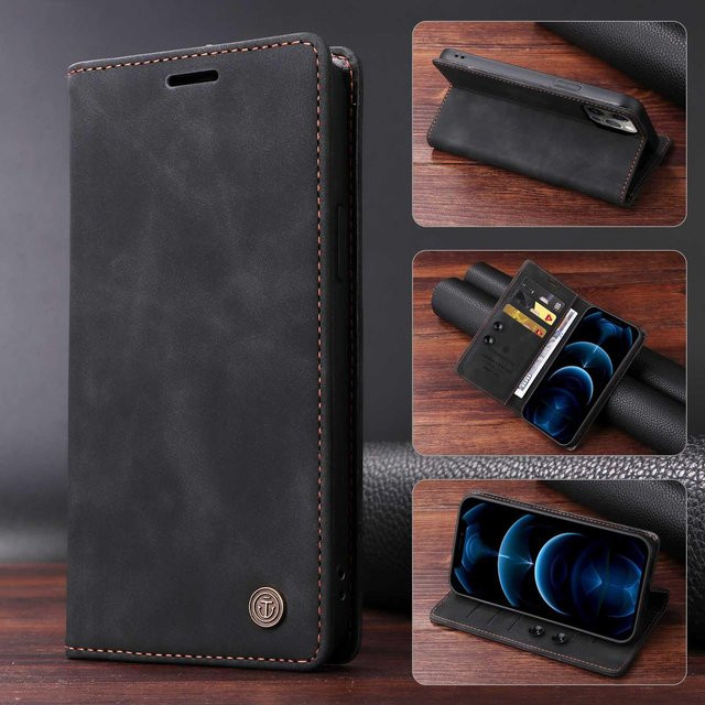 Vintage Leder Flip Case Brieftasche mit Kartensteckplatz und Buchständer für Samsung Galaxy A-Serie in Schwarz - Bild 1