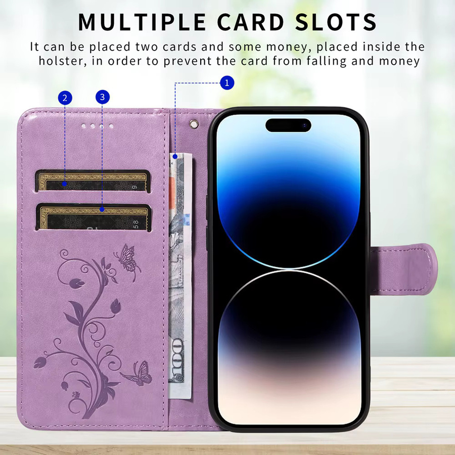 Leder-Magnetetui mit Schmetterlings-Blumen-Design für Xiaomi Redmi Note Pro Plus 5G 4G 12S 14S als Brieftaschen-Hülle Flip Cover in Lila - Bild 3