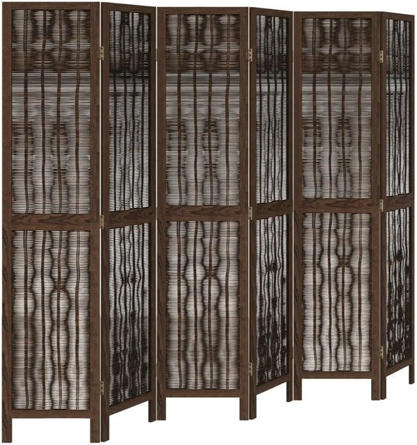 vidaXL 6-teiliger Raumteiler aus Massivholz Paulownia in Dunkelbraun mit Rattan-Elementen - Bild 1