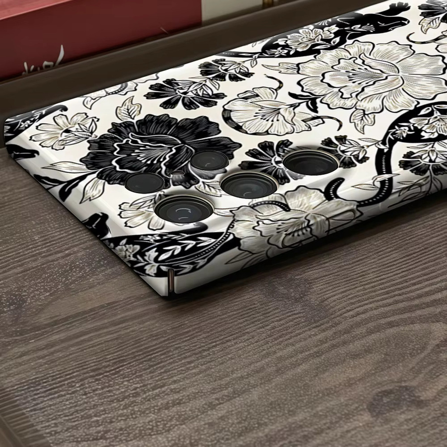 Glänzende Handyhülle mit schwarz-weißem floralem Tier-Design für Samsung Galaxy S25 Ultra, S24 und S23 Ultra Plus mit doppellagiger Rückseite - Bild 4