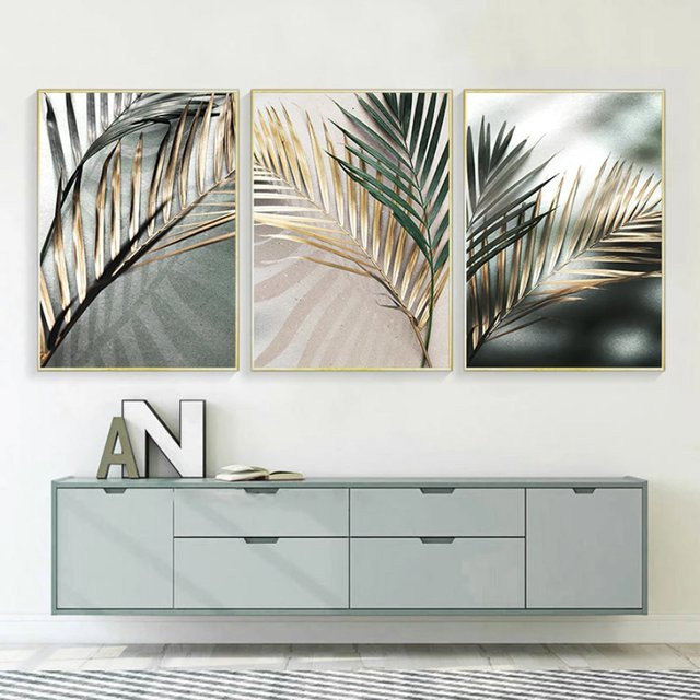 TPFLiving Luxus Poster Leinwand Set mit goldenen Blättern in Beige, Grau, Grün und Gold, abstraktes botanisches Design, B/H: 40 x 50 cm - Bild 1