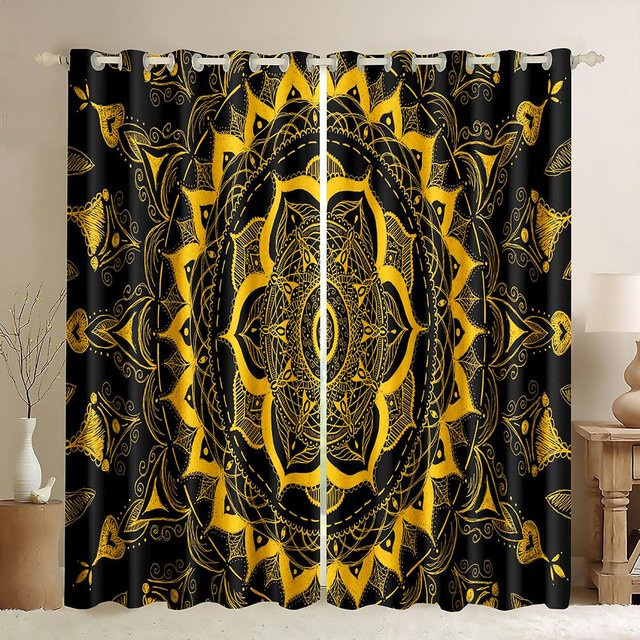 A Family Of Home Textiles 2er-Set Bohemian Mandala Fenstervorhänge in Schwarz, halbtransparent mit 3D-Blumenmuster, B: 50 cm, H: 60 cm - Bild 1