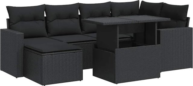 vidaXL 7-teilige Garten-Sofagarnitur aus Poly-Rattan mit Kissen in Schwarz - Bild 1