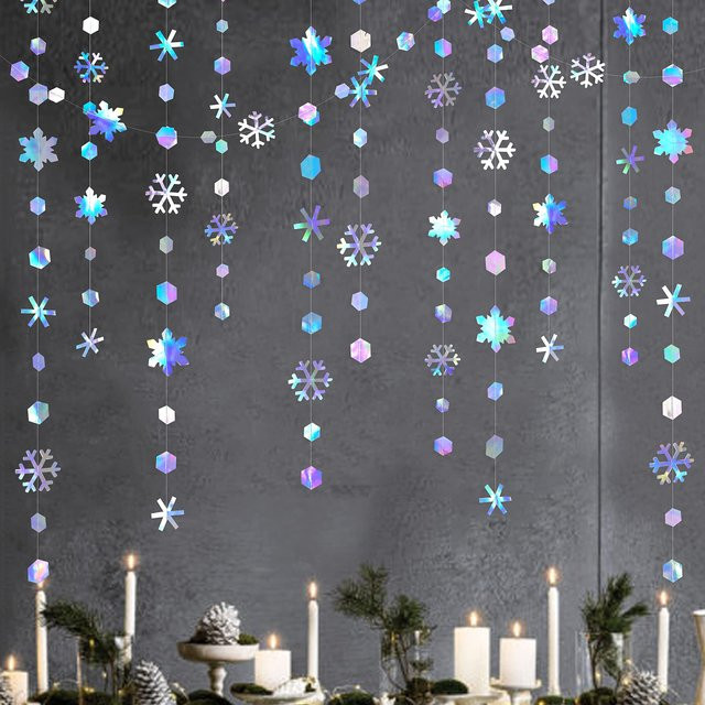 EsenTroye Schillernde Schneeflocken-Girlanden aus Papier für Winter, Hochzeit und Geburtstag, Weiß und Mehrfarbig - Bild 1